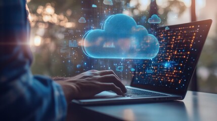 Fototapeta premium A remote worker participating in a cloud-based virtual meeting, accessing shared files and project updates via a laptop, staying connected from a home office