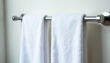 Neatly Hung White Towels Against a Neutral Wall