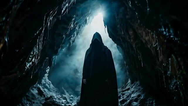 Scary warlock stands inside cave. Video in horror fantasy genre. Spooky character from nightmares.