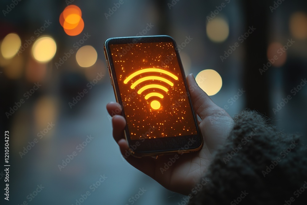 Poster connecting to wifi on a smartphone at night. a glowing wifi symbol is displayed on the screen.