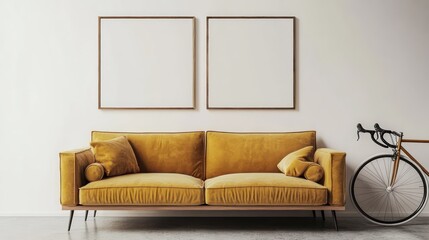 Wall art mockup, two blank poster frames on the wall of a living room with a yellow velvet sofa and a bicycle next to it, white wall.