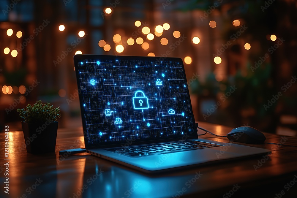 Aufkleber laptop displaying a digital security interface with a padlock icon, symbolizing online protection an