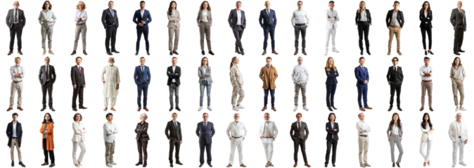 Many business people set isolated background, casual formal attire wear, full body length, networking mixed different diversed businesspeople, happy male female, successful career, crisp edges style