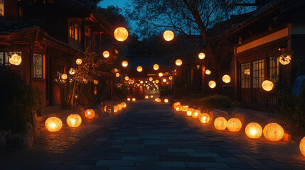 Lantern-Lit Pathway in Tranquil Evening Setting