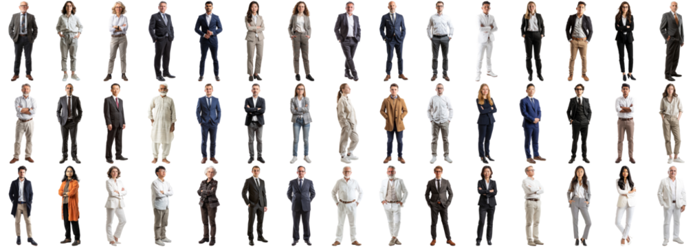 Many business people set isolated background, casual formal attire wear, full body length, networking mixed different diversed businesspeople, happy male female, successful career, crisp edges style