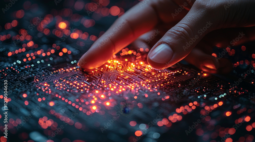 Poster Innovative technology interaction digital workspace macro photography high-tech environment close-up viewpoint exploring circuitry concepts