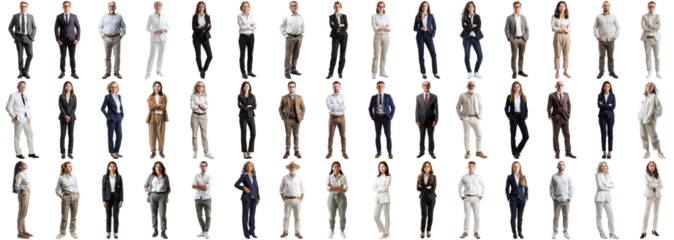 Many business people set isolated background, casual formal attire wear, full body length, networking mixed different diversed businesspeople, happy male female, successful career, crisp edges style