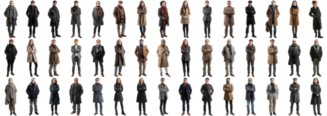 Many business people set on isolated background, winter formal business attire wear, full body length, networking mixed different diverse, happy male female, successful career, crisp edges style