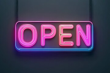 Modern "OPEN" sign in glowing neon lights, vibrant pink, blue, and purple, mounted on dark wall, urban aesthetic