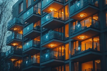 Modern apartment building at night, illuminated balconies with wifi symbols.
