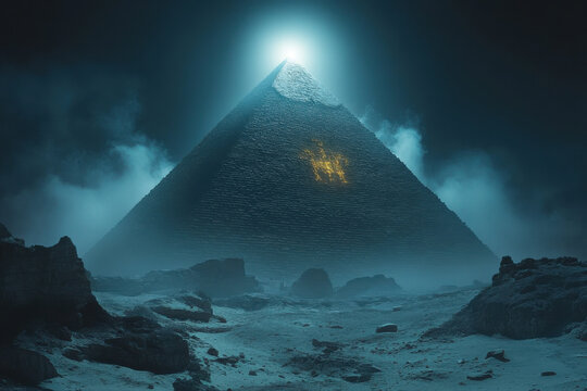 Mystical depiction of the illuminated Keops Pyramid with a glowing apex and golden hieroglyphs, surrounded by a misty desert landscape under a starry night sky