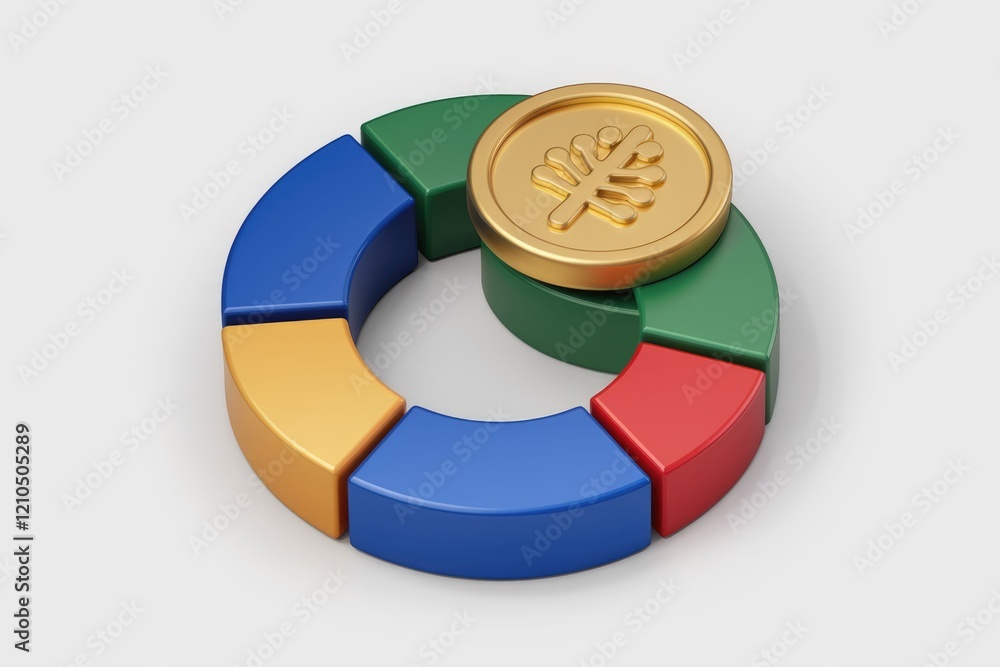 Aufkleber 3D rendering of a colorful segmented circular chart with a gold coin featuring a leaf symbol, representing growth and financial success.