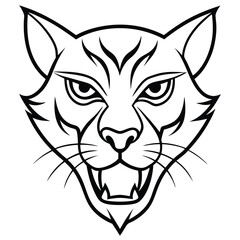 A minimalist line art design of a  big cat head, showcasing sharp angular lines and flowing curves to highlight with piercing eyes.