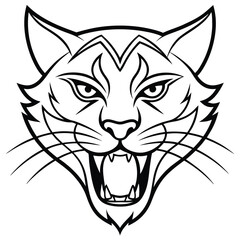 A minimalist line art design of a  big cat head, showcasing sharp angular lines and flowing curves to highlight with piercing eyes.