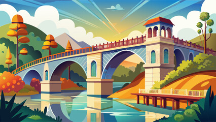  Bridge architecture watercolor landmark.