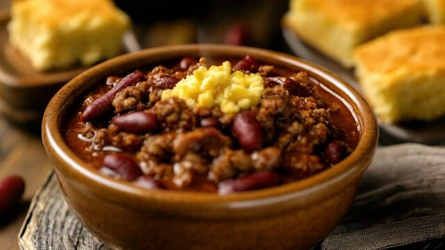 Steaming chili bowl with cornbread in cozy rustic setting