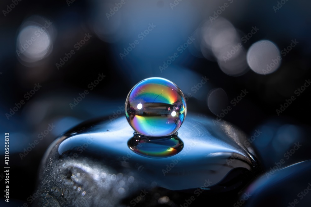 Poster A vibrant, iridescent sphere rests on a dark, reflective surface, creating a captivating macro image.