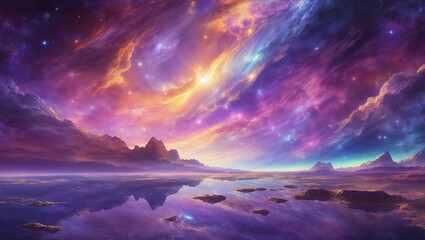 A vibrant, surreal landscape illustration displays colorful clouds reflected in a still body of water, in a style consistent with generative AI artwork. This image is in an upload queue for Adobe Stoc