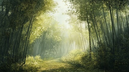 forest with tall bamboo trees, peaceful and serene atmosphere, soft natural light, high detail