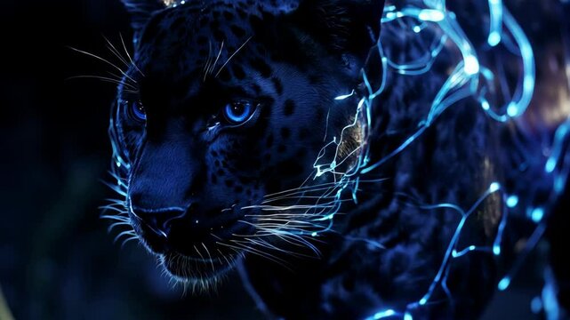 Mystical Black Leopard with Glowing Blue Eyes and Electric Lights in the Night
