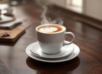 Fototapeta premium A steaming hot white cup of coffee placed next to a brown stain on the table, highlighting its contrasting colors , dark spot, white cup, coffee