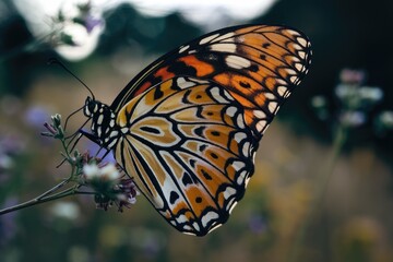 Fototapeta premium A vibrant orange and black butterfly with intricate wing patterns rests gently on a delicate flower.