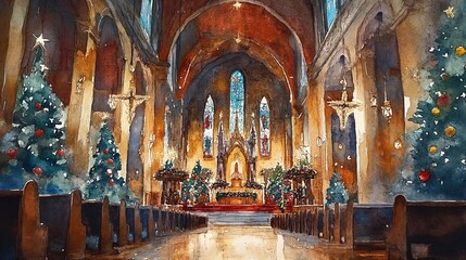 Obraz premium A Watercolor Painting of an Ornate Church Interior with Christmas Decorations.