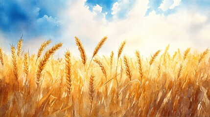 A Watercolor Painting of a Wheat Field Under a Blue Sky with White Clouds.