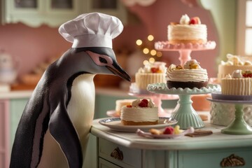 Fototapeta premium A penguin chef admires a delightful array of cakes and pastries in a charming kitchen setting.