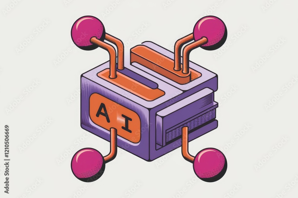Poster AI system illustrated as a purple cube with orange components and pink spheres, representing machine learning and connectivity.