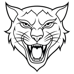 A minimalist line art design of a  big cat head, showcasing sharp angular lines and flowing curves to highlight with piercing eyes.