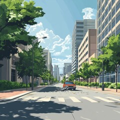 Obraz premium modern street, side walk on the left side of the image, a breaking car on the road, modern building behind, illustrator 