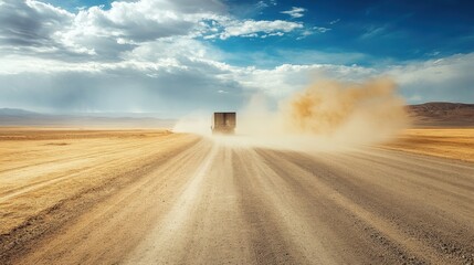 Obraz premium A semi-truck driving through an empty desert road, kicking up dust as it speeds toward the horizon, symbolizing the long-distance nature of logistics