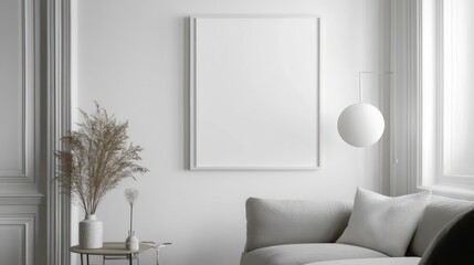 White frame background, living room interior design, decor mockup, poster frame, sofa and lamp hanging on the wall, Scandinavian style, minimalist.