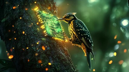 Woodpecker Interacts With Futuristic Circuit Board Embedded in a Tree in a Magical Forest Setting
