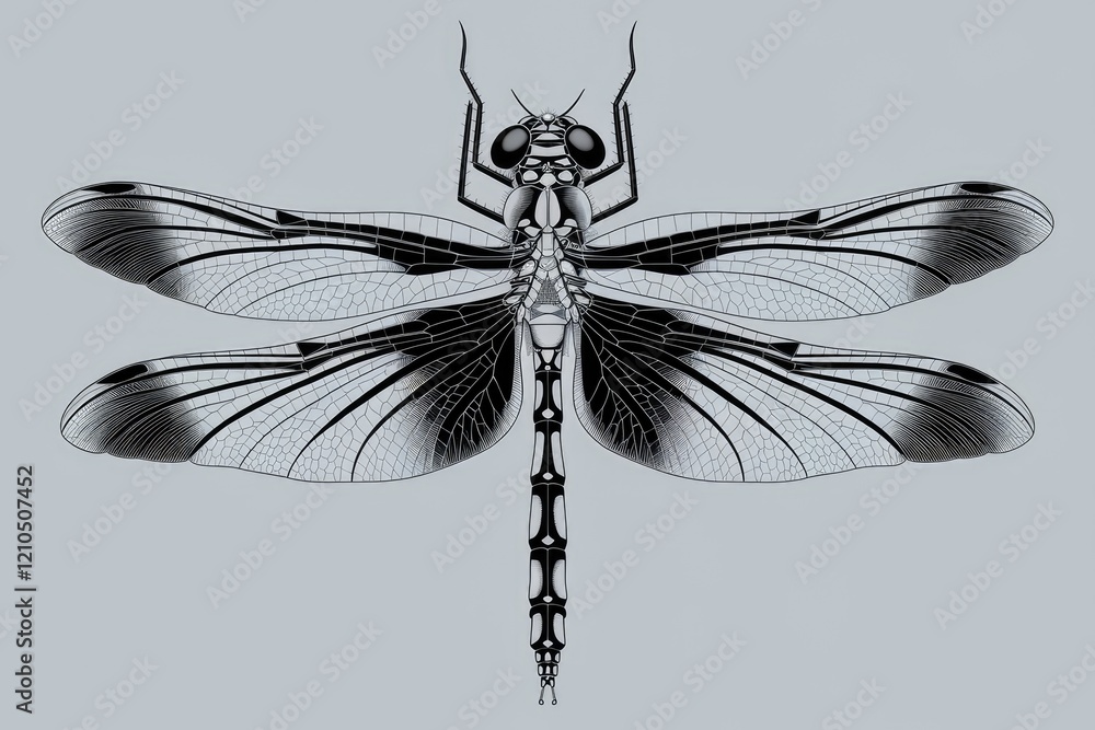 Poster intricate detailed drawing of a dragonfly, showcasing its delicate wings and segmented body.
