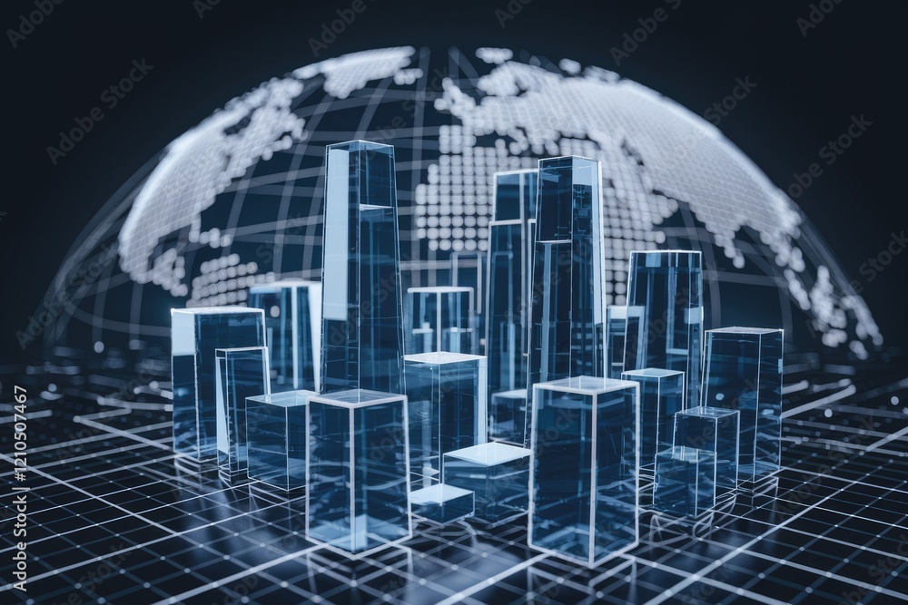Poster glass skyscrapers on a digital grid represent global interconnectedness and technological advancemen