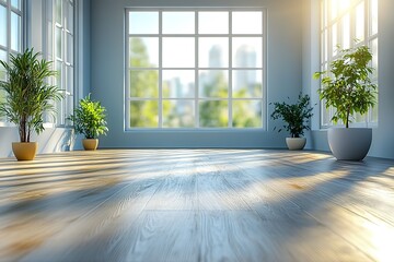 Fototapeta premium Bright, airy room with hardwood floors and potted plants, sunlight streaming through large windows.