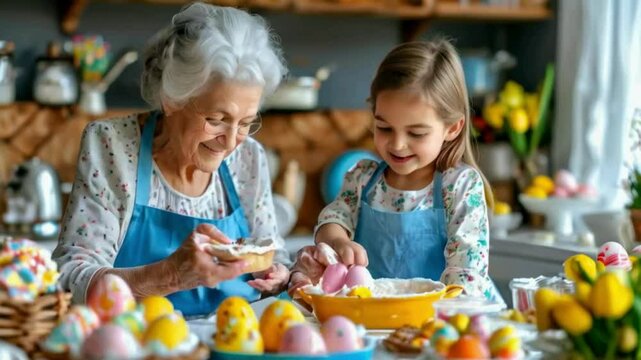 grandmother and granddaughter painting easter eggs
