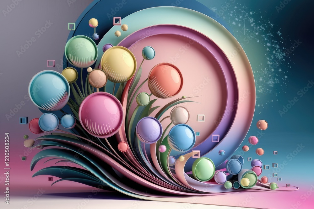 Aufkleber Abstract 3D art featuring pastel-colored spheres arranged in a wave-like pattern with geometric shapes.