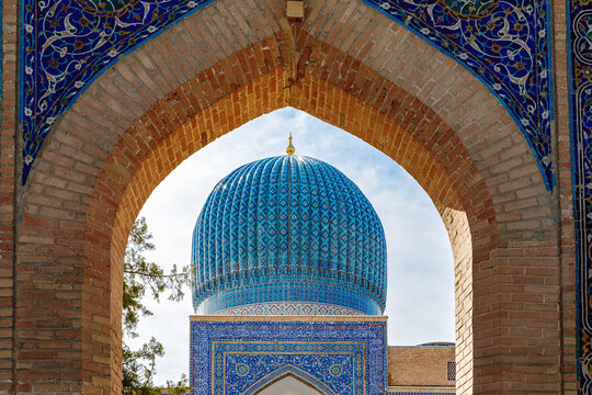 Beautiful Gur-e-Amir Mausoleum in Samarkand, Uzbekistan. Exterior view on sunny day. Guri Amir.
