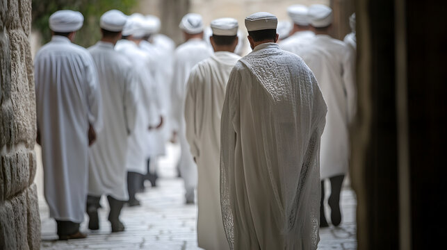 Traditional Jewish Priests Walking in Sacred Stone Pathway : Generative AI