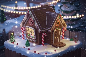 A charming gingerbread house sits on a snowy landscape, adorned with candy canes and surrounded by twinkling lights.