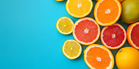 Fototapeta premium Vibrant citrus fruits arrangement on a bright teal background for a fresh concept : Generative AI