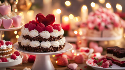 Elegant Dessert Table with Heart Shaped Cakes and Romantic Lighting : Generative AI