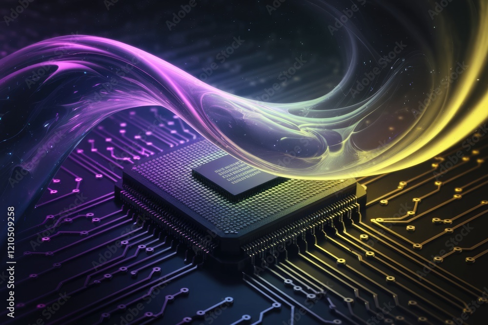 Leinwandbilder A central processing unit (CPU) on a circuit board with colorful energy streams, symbolizing advanced computing power.