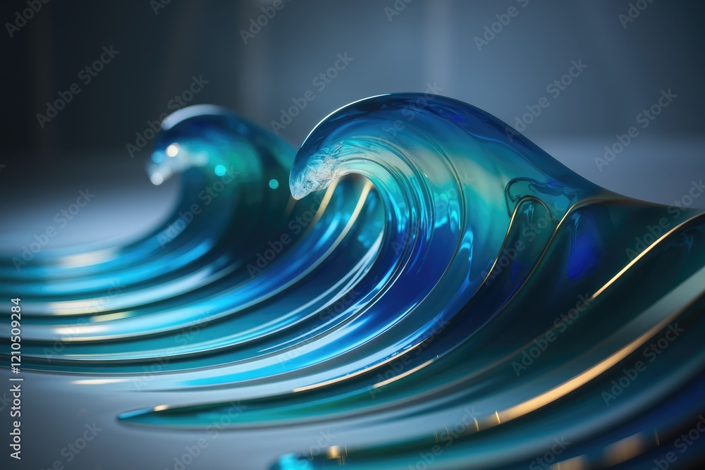 Poster abstract glass sculpture depicting ocean waves, showcasing a mesmerizing interplay of light and tran