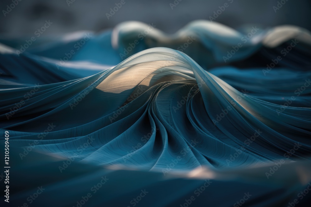 Poster abstract image of teal fabric sculpted into wave-like formations, illuminated by sunlight.