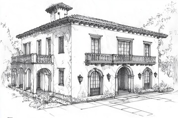 A detailed architectural sketch of a two-story Mediterranean Spanish Colonial house style featuring a tiled roof, arched doorways, and balconies. The drawing includes intricate line work.