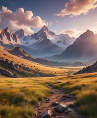 A vast open field with a serene mountain landscape in the background, vast spaces, countryside, serene landscapes